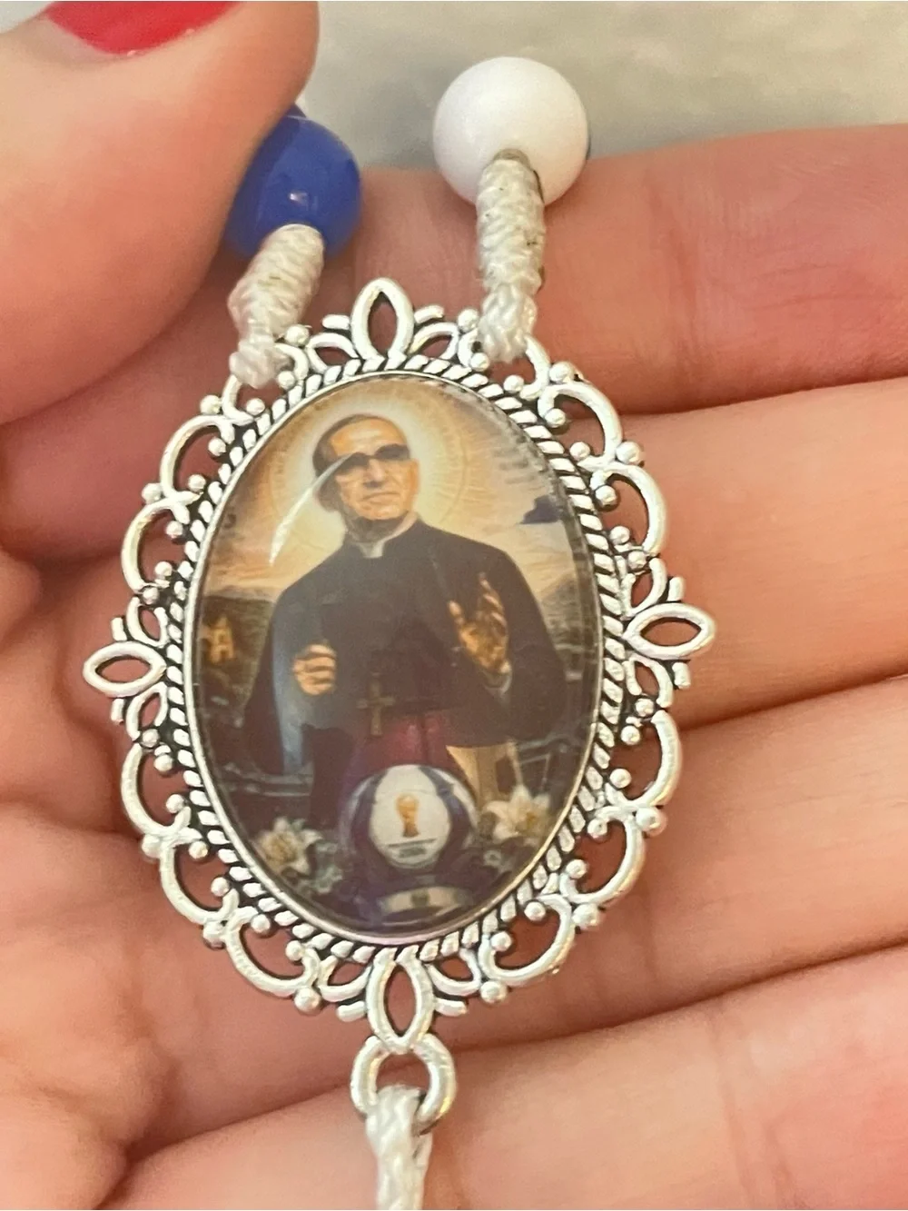 Blue and White Beaded Rosary Necklace with Saint Medallion
